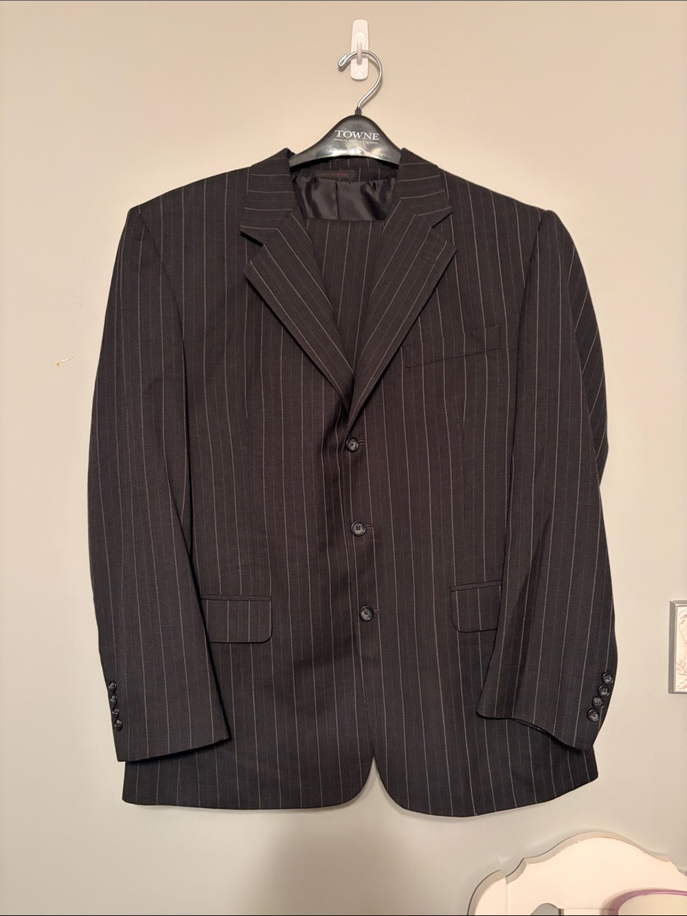 Men's Black Pinstripe Three-Button Suit Jacket